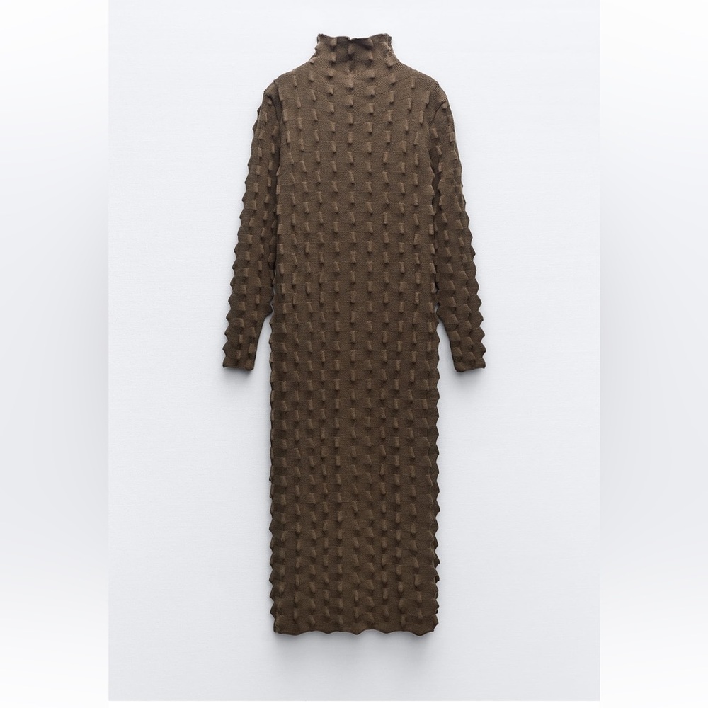 Zara High Neck Textured  Knit Midi Dress in Chocolate Brown